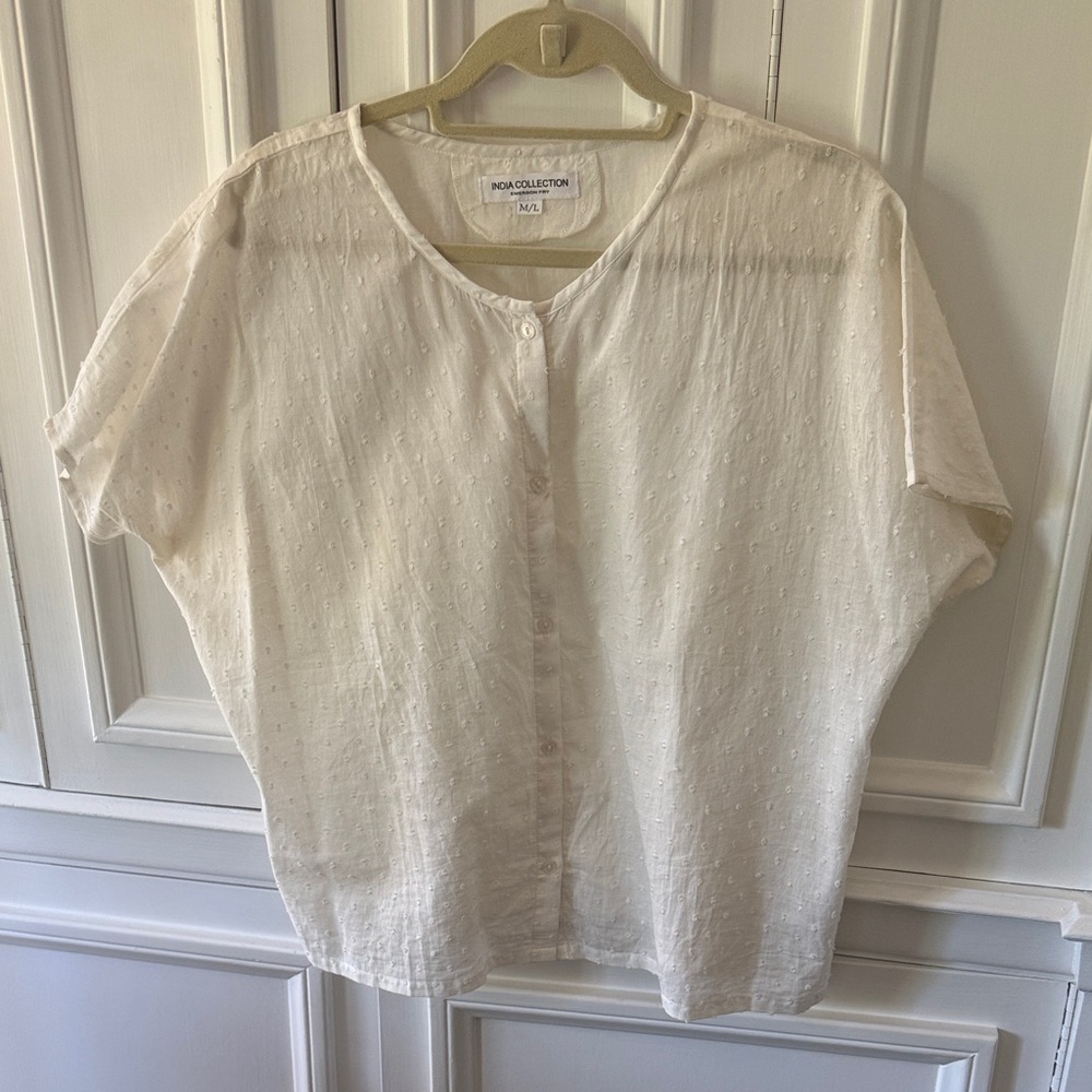 IC COLLECTION Cream Textured Short-Sleeve Button-Up Blouse